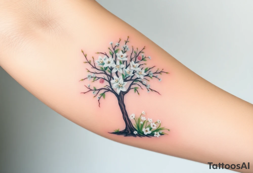 flowering hawthorn tree with white lilly of the vally plants on ground tattoo idea