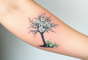flowering hawthorn tree with white lilly of the vally plants on ground tattoo idea