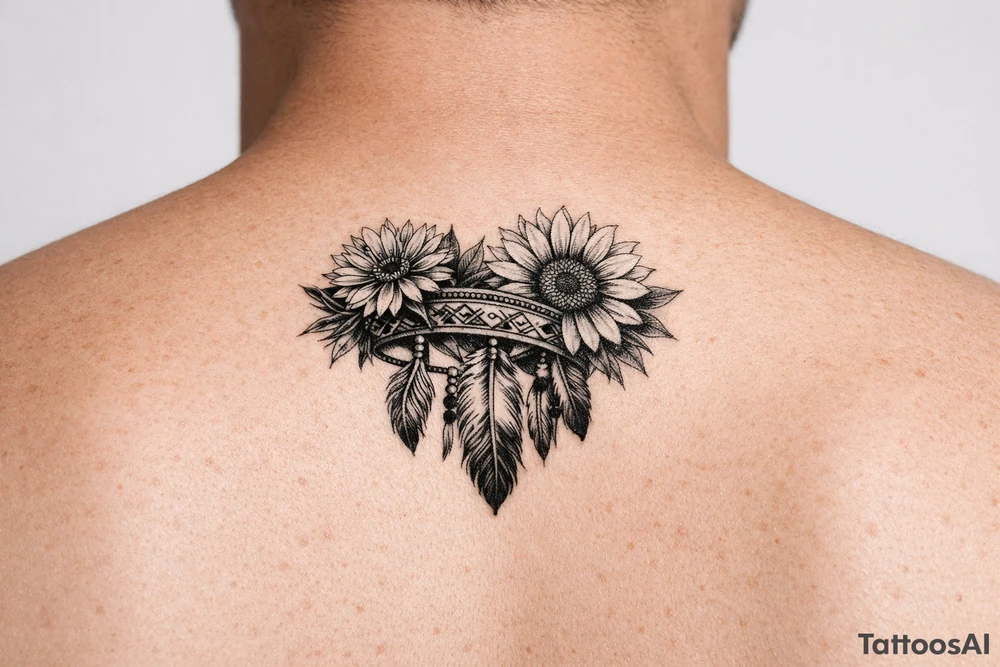 Cornflower and sunflower with feathers and female Indian headband ribboned through tattoo idea