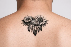 Cornflower and sunflower with feathers and female Indian headband ribboned through tattoo idea