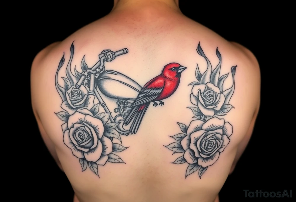 Motorcycle, roses surrounding with lacey type flames, red bird looking so peaceful tattoo idea