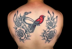 Motorcycle, roses surrounding with lacey type flames, red bird looking so peaceful tattoo idea
