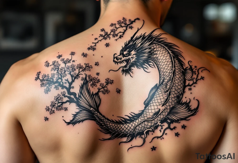 koi fish fighting a dragon with a sakura tree in the background, Japanese inspired piece tattoo idea