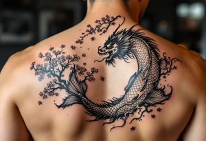 koi fish fighting a dragon with a sakura tree in the background, Japanese inspired piece tattoo idea