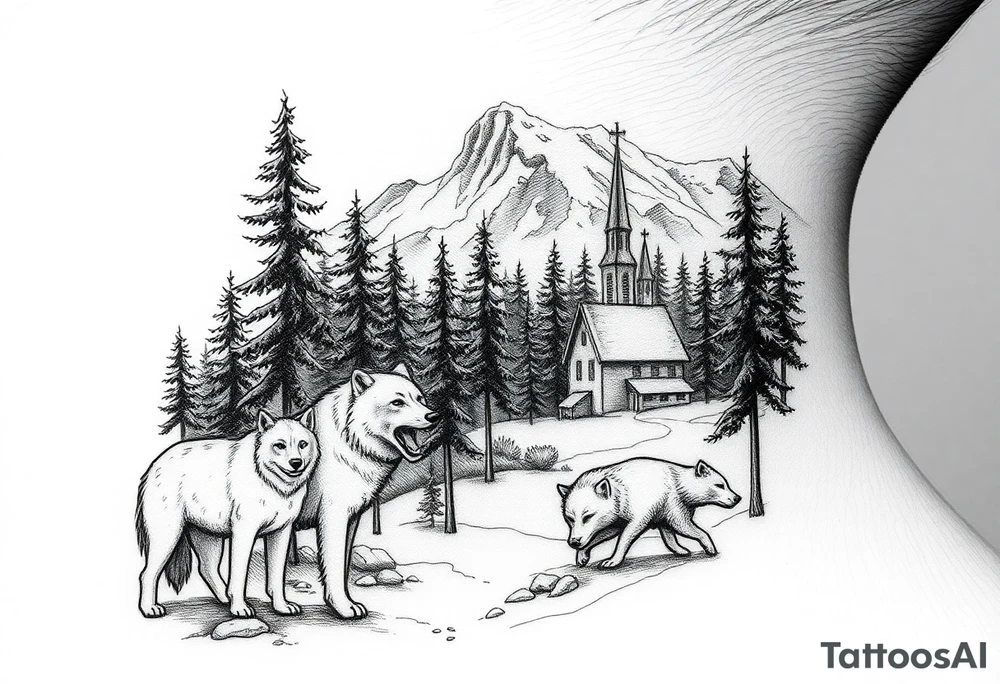 Nature/Landscape

Wolves in a pine forest (extending the tree line you already have)
A Russian bear emerging from the treeline
Snow-capped mountains behind the church scene tattoo idea