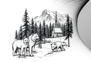 Nature/Landscape

Wolves in a pine forest (extending the tree line you already have)
A Russian bear emerging from the treeline
Snow-capped mountains behind the church scene tattoo idea