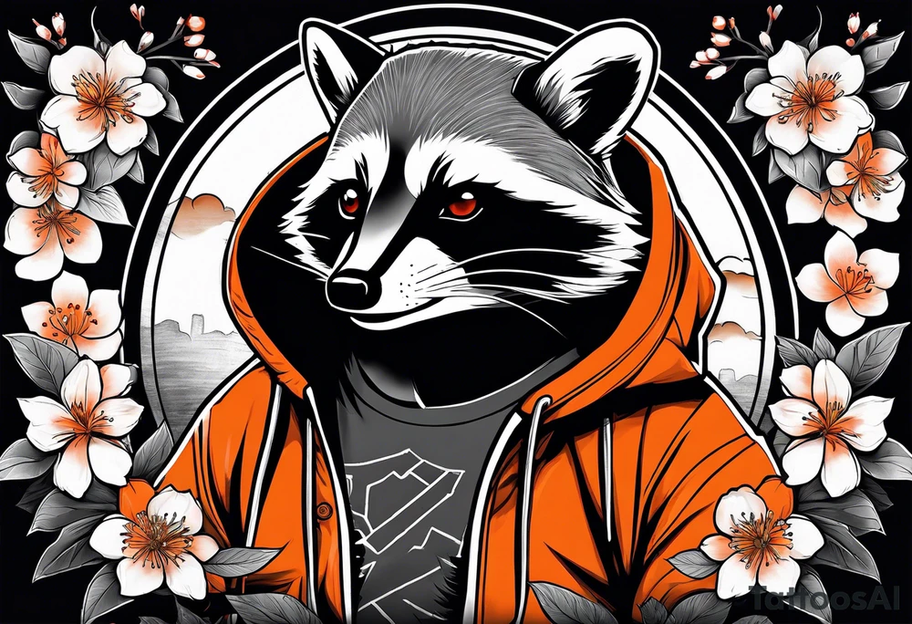 Raccoon wearing a white Superman logo on a black hoodie and orange Japanese cherry blossoms beside tattoo idea
