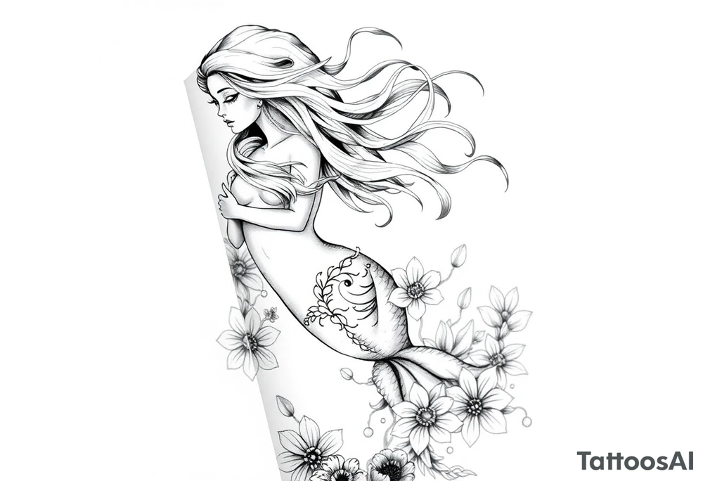 ethereal mermaid with flowing hair among coral and sea flowers tattoo idea