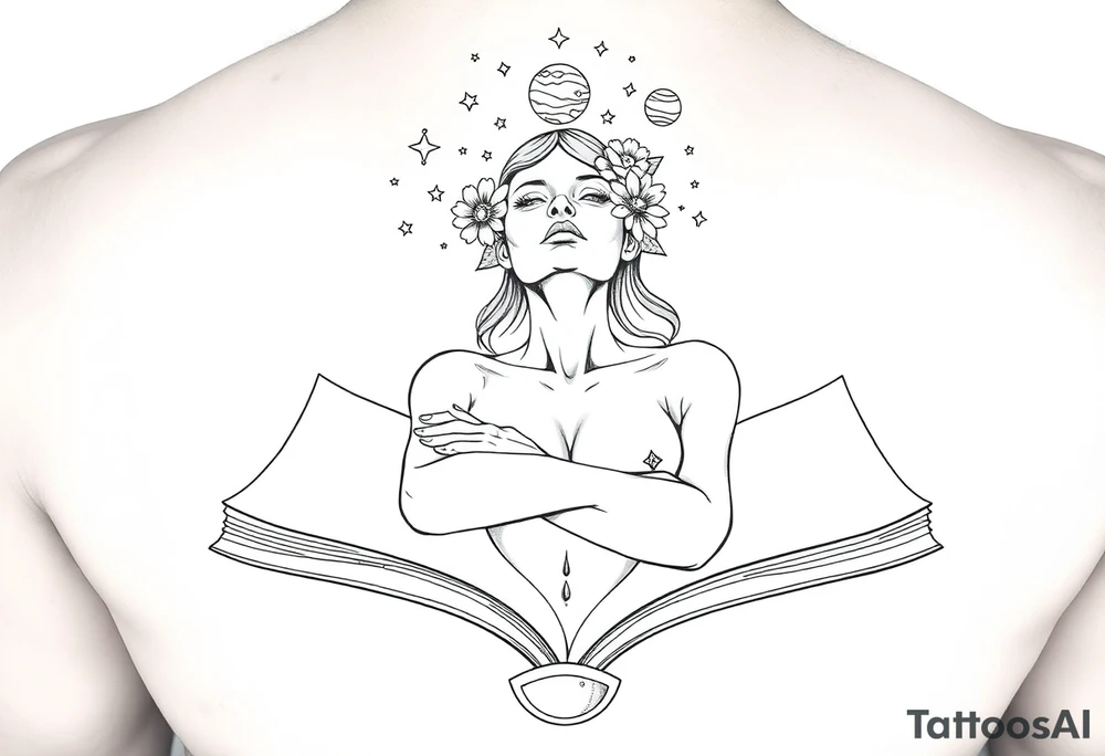 line art drawing of a womans torso coming from an open book. with stars, flowers and planets coming from her head above her nose. her arms are crossed onto her shoulders,. tattoo idea