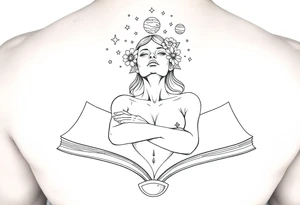 line art drawing of a womans torso coming from an open book. with stars, flowers and planets coming from her head above her nose. her arms are crossed onto her shoulders,. tattoo idea