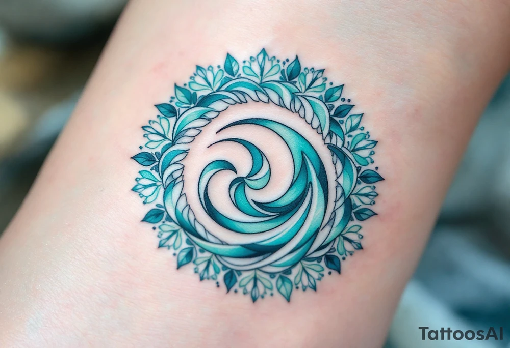A soft teal and mint spiral fading into pale skin, symbolizing serenity and balance. tattoo idea