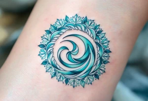 A soft teal and mint spiral fading into pale skin, symbolizing serenity and balance. tattoo idea