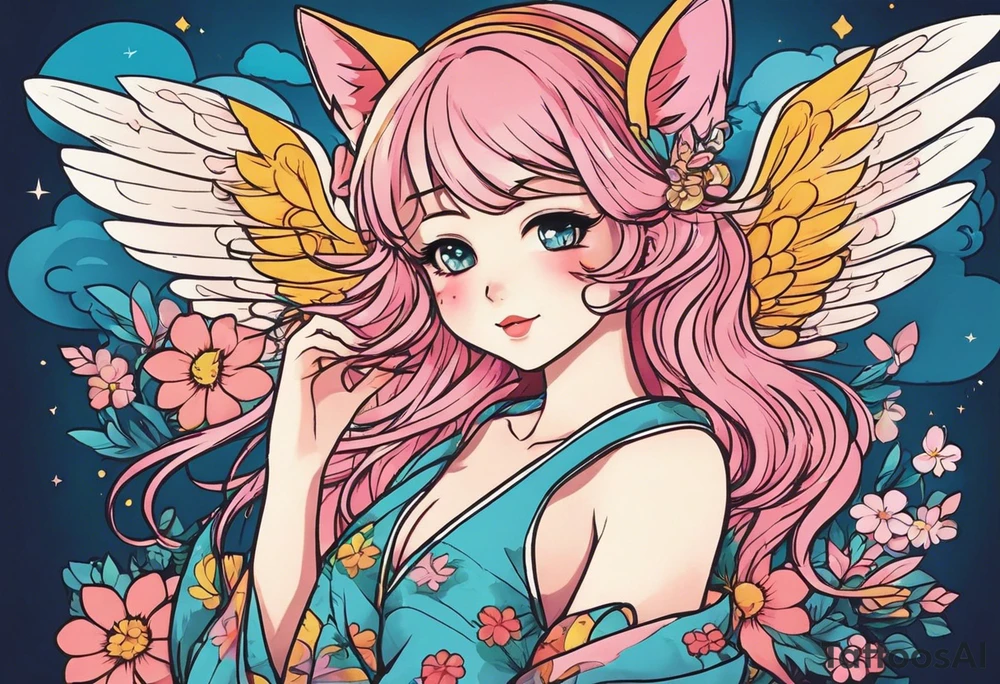 I want a half sleeve on right arm from wrist to elbow. I want the theme to be Neko Anime girl with wings around age 18-24. I want the face to be pouting face with puffed cheeks. tattoo idea