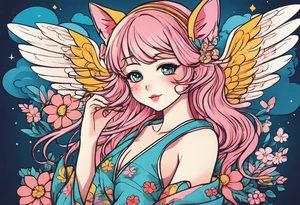 I want a half sleeve on right arm from wrist to elbow. I want the theme to be Neko Anime girl with wings around age 18-24. I want the face to be pouting face with puffed cheeks. tattoo idea