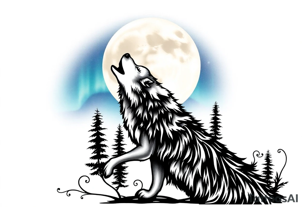 lone wolf howling at full moon with northern lights backdrop tattoo idea