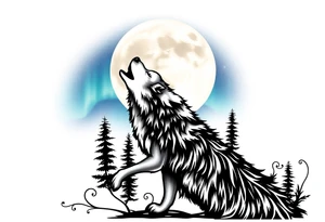 lone wolf howling at full moon with northern lights backdrop tattoo idea