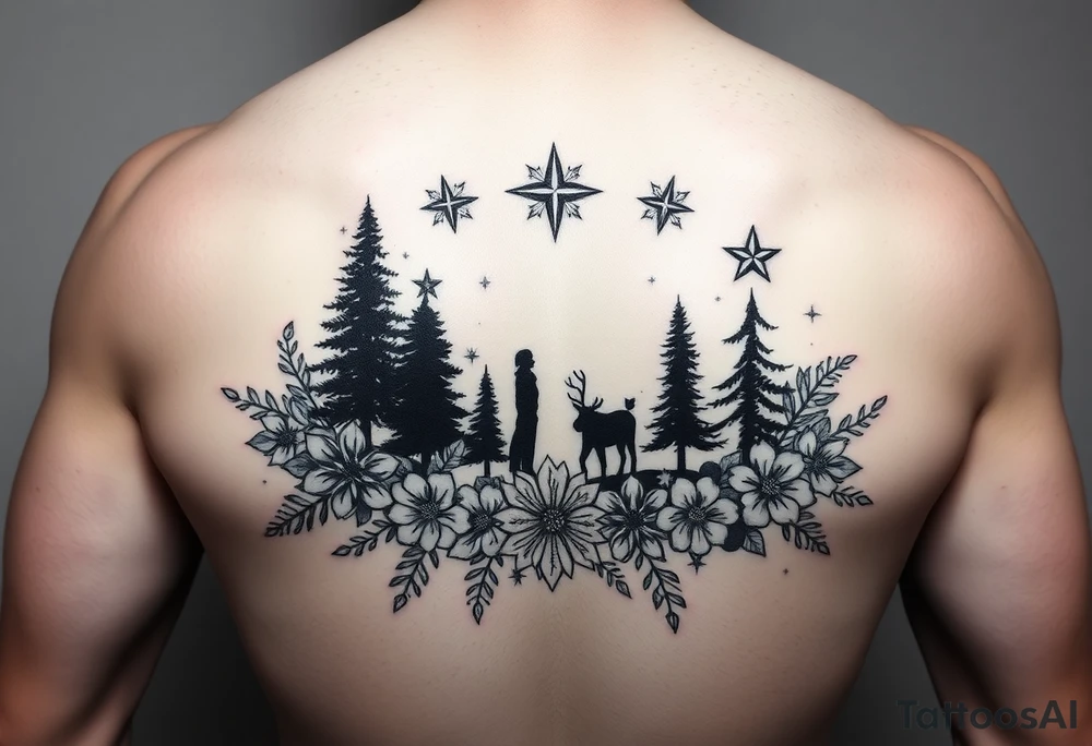 silhouettes of christmas and winter elements surrounded by floral ornaments and stars tattoo idea