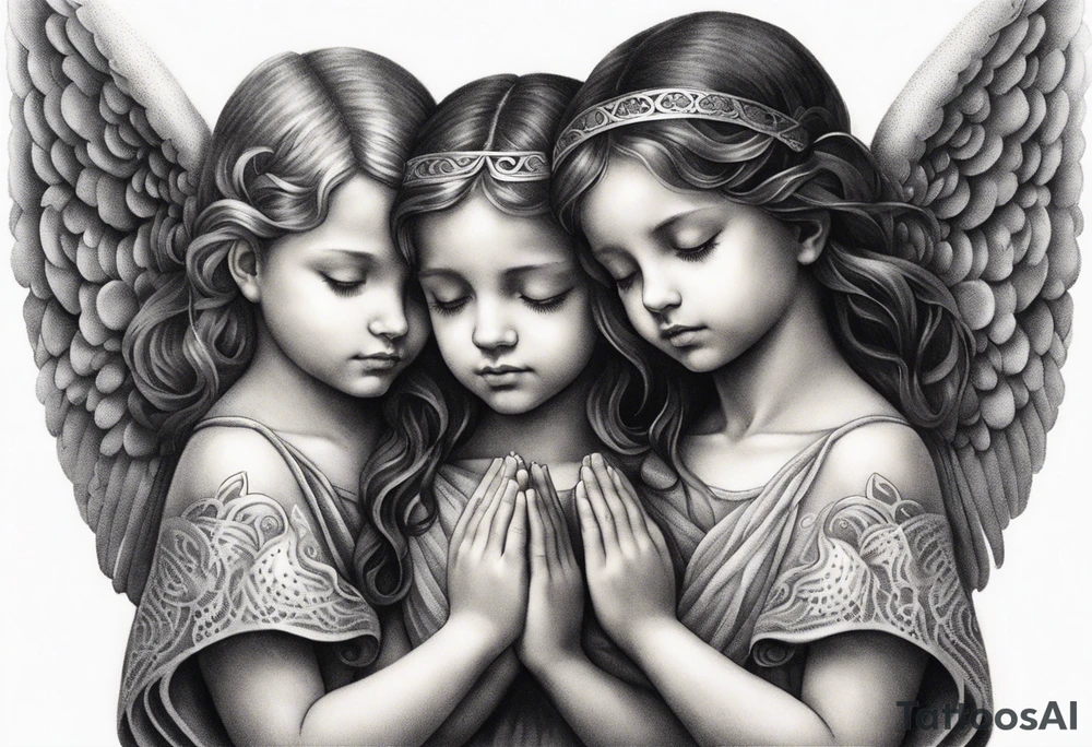 three angels praying together. The two boy angels are on either side of the girl angel, with their wings gently enfolding her in a protective embrace tattoo idea
