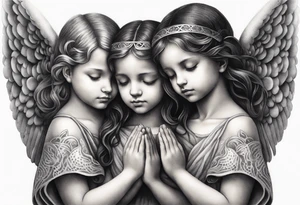 three angels praying together. The two boy angels are on either side of the girl angel, with their wings gently enfolding her in a protective embrace tattoo idea