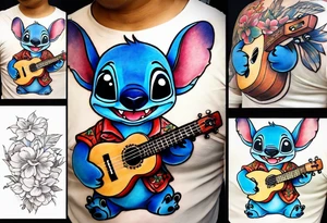 Stitch tattoo on arm under shoulder that is the version of stitch where he’s dressed up like Elvis playing a ukulele on a beach tattoo idea