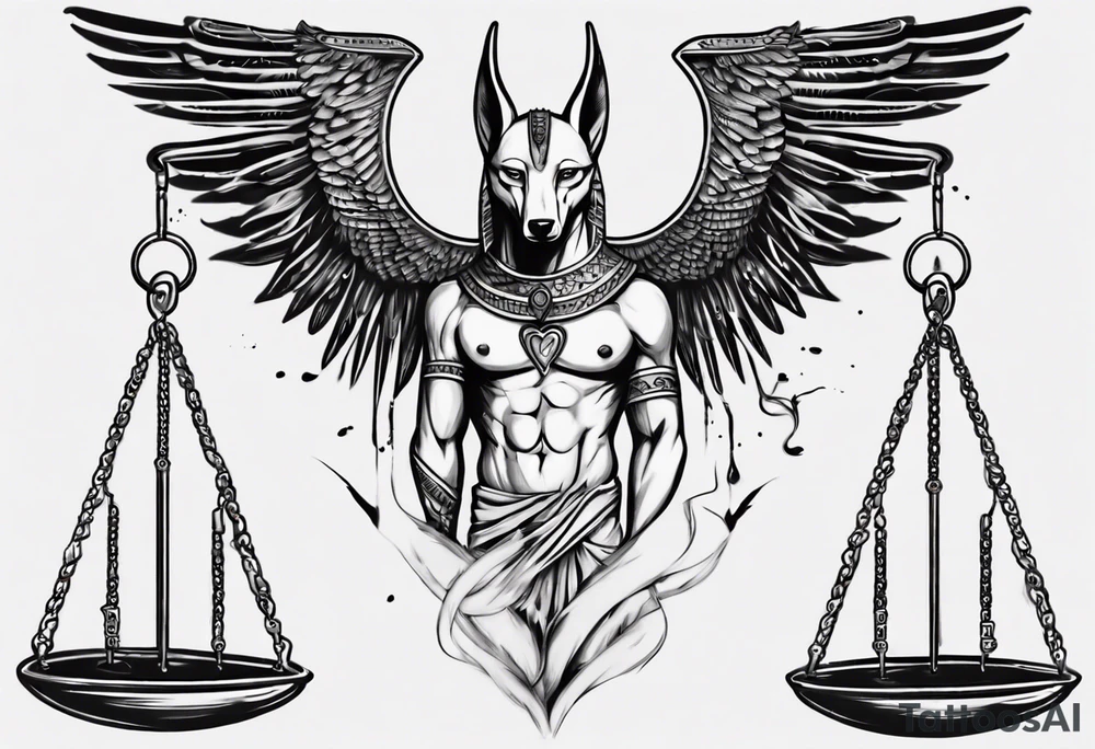 heart and feather on scales anubis weighing of the souls tattoo idea