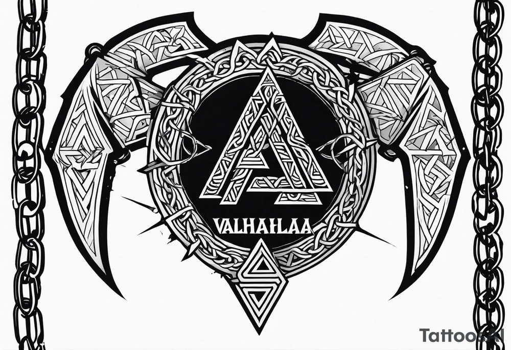 Valhalla  sword shield axe barbed wire chains valknut tattoo idea