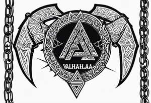 Valhalla  sword shield axe barbed wire chains valknut tattoo idea