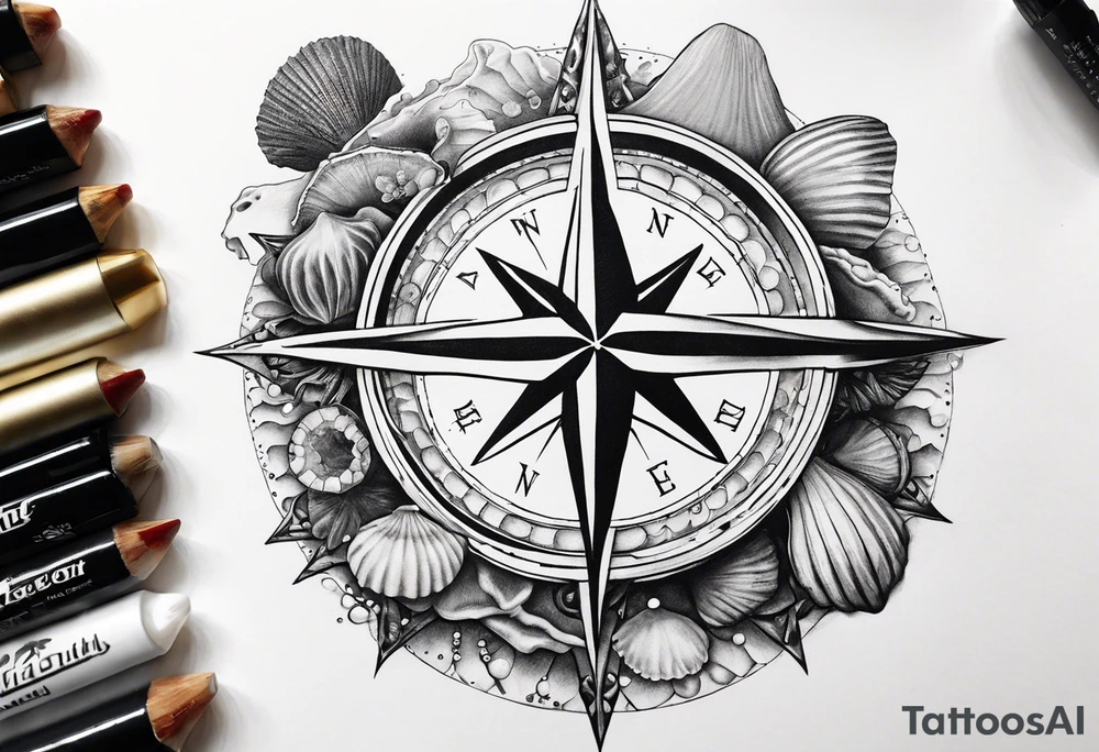 Compass, shells, shark teeth, starfish, oyster with pearl, skull tattoo idea