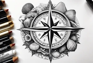 Compass, shells, shark teeth, starfish, oyster with pearl, skull tattoo idea