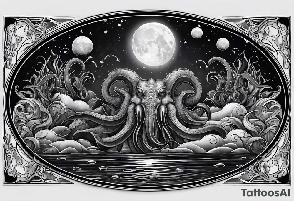 cthulu emerges from the water with the moon phases tattoo idea