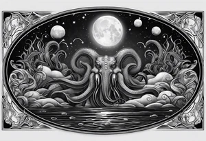 cthulu emerges from the water with the moon phases tattoo idea