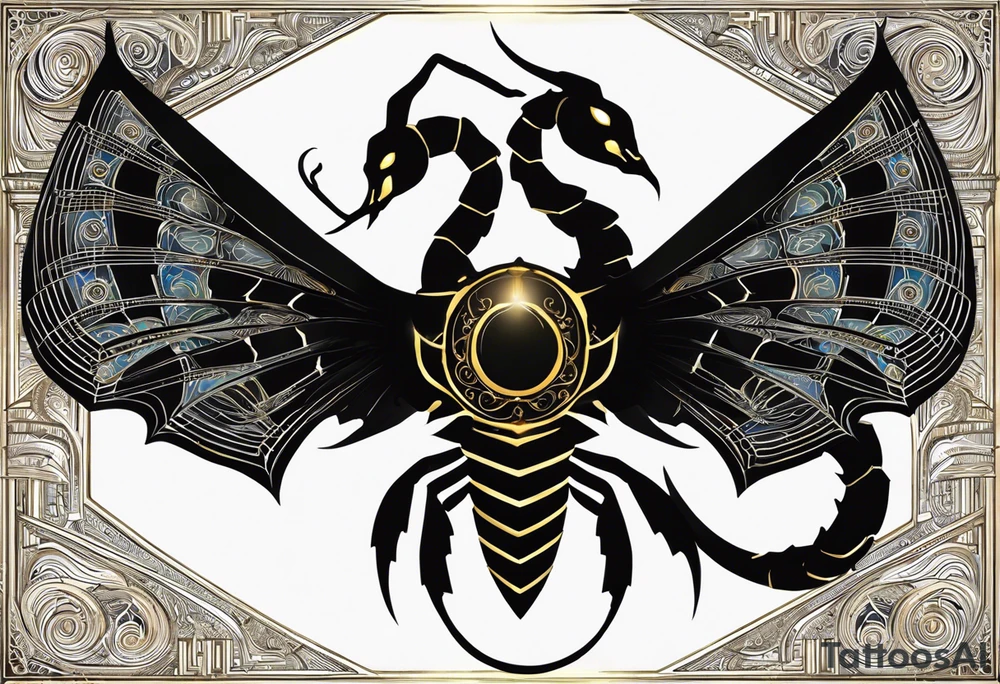 Winged scorpion with mystical details, such as glowing eyes and a tail that spirals, ending in a luminous stinger. Its body would have intricate patterns inspired by the Scorpio constellation, with a subtle glow that suggests power and mystery.

The creature could be accompanied by black-tinted bracelets encircling the arm. These bracelets could be designed with geometric lines or ancient symbols, creating a visual harmony between the creature and the bracelets, representing protection and connection with cosmic forces. The tattoo as a whole would evoke strength, mystery, and the intense essence of Scorpio. tattoo idea
