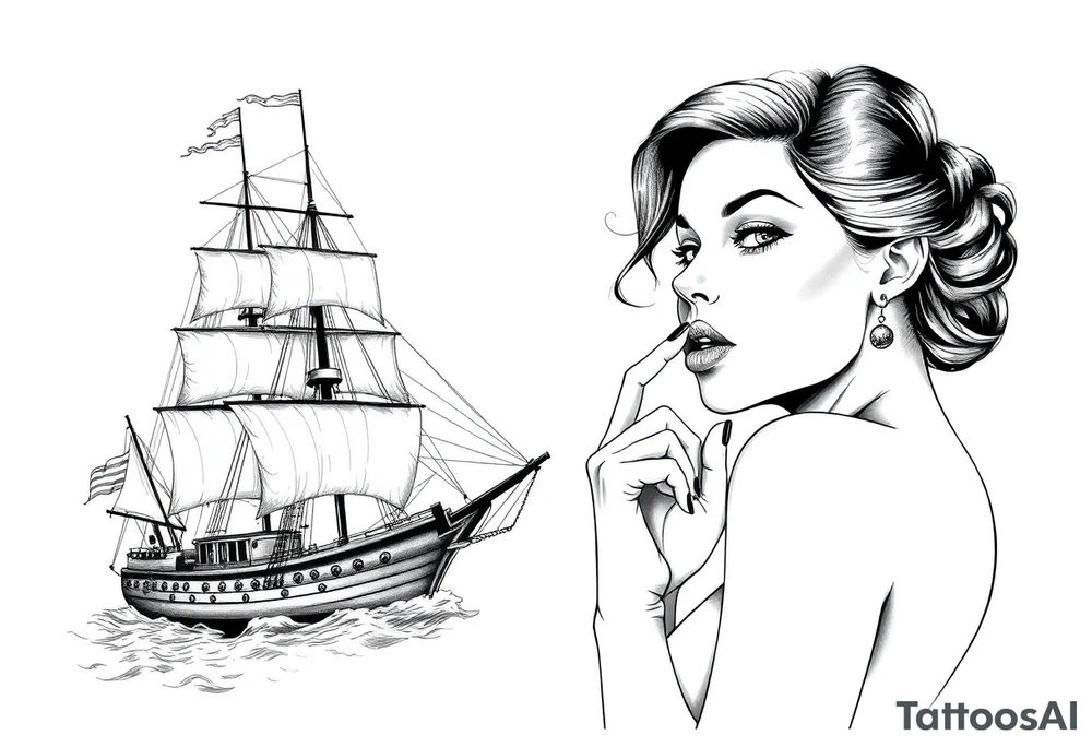 Old school ship and a realistic sexualised woman with her finger to her lips. Must say: Loose lips sink ships tattoo idea