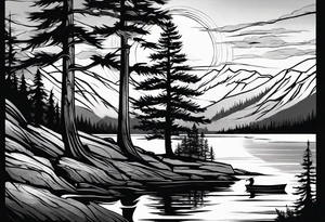 Sleeve tattoo windswept pine tree before lake with low rockface on far side of lake. Mastiff silhouette in the foreground. with a dock coming out from the shore. Canadian shield tattoo idea