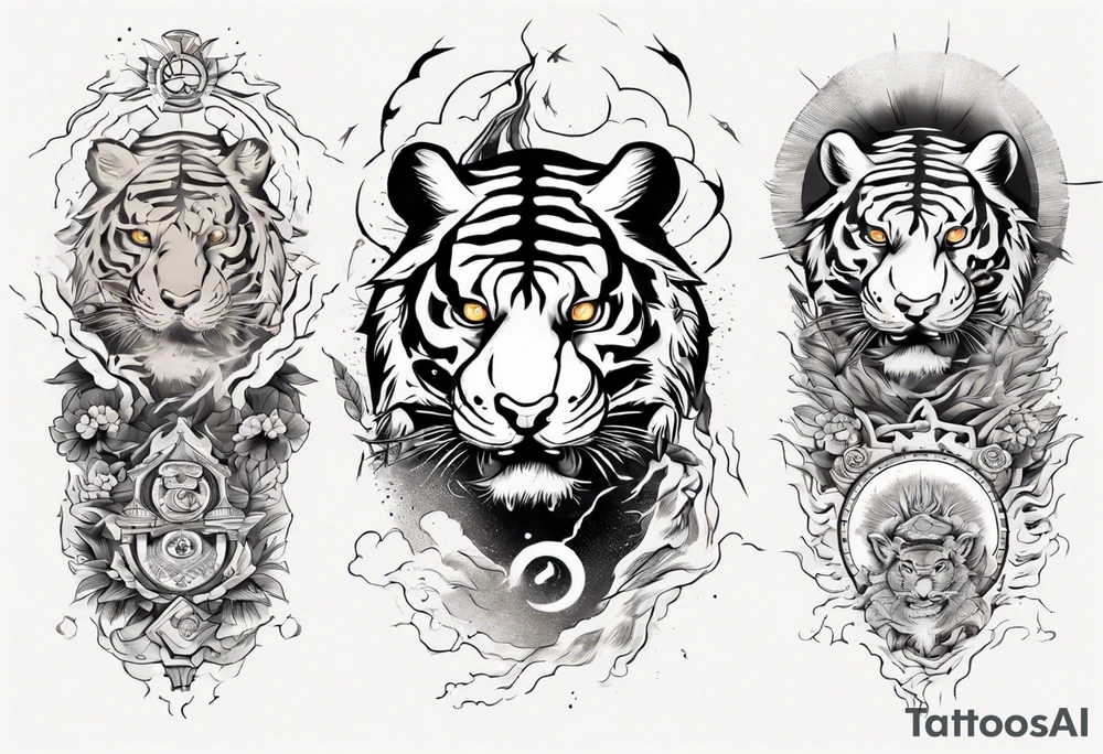 Ancient tiger with lightning and a sun for a forearm sleeve. With patterns surrounding it tattoo idea