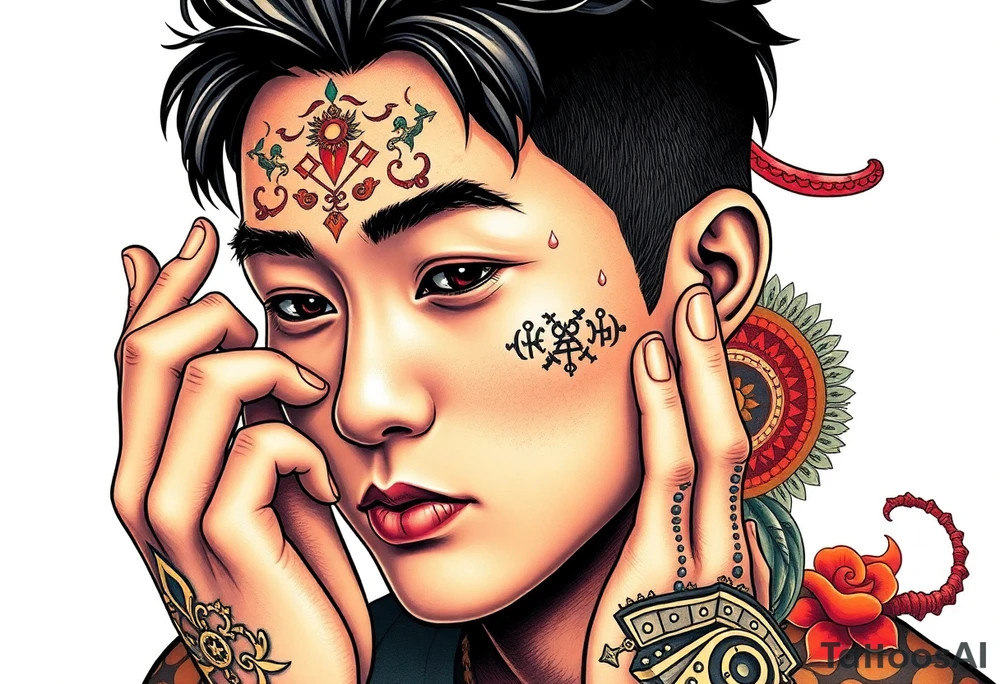 Handsome Asian young guy is putting ritual symbols on his face tattoo idea