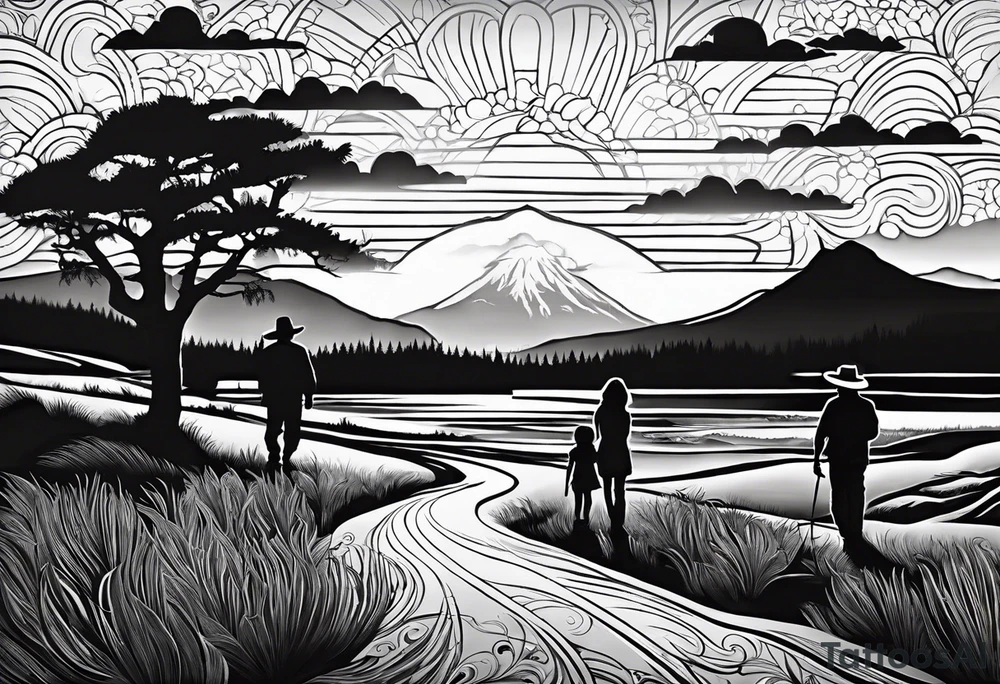 Pacific Northwest landscape, father , mother, son and daughter shadow
Mexican American inspiration. Family of four. Add faith tattoo idea