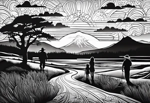 Pacific Northwest landscape, father , mother, son and daughter shadow
Mexican American inspiration. Family of four. Add faith tattoo idea
