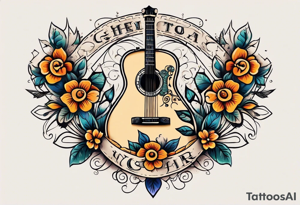 traditional vintage tattoo of guitar simple  flowers and banner tattoo idea