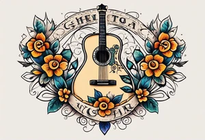 traditional vintage tattoo of guitar simple  flowers and banner tattoo idea