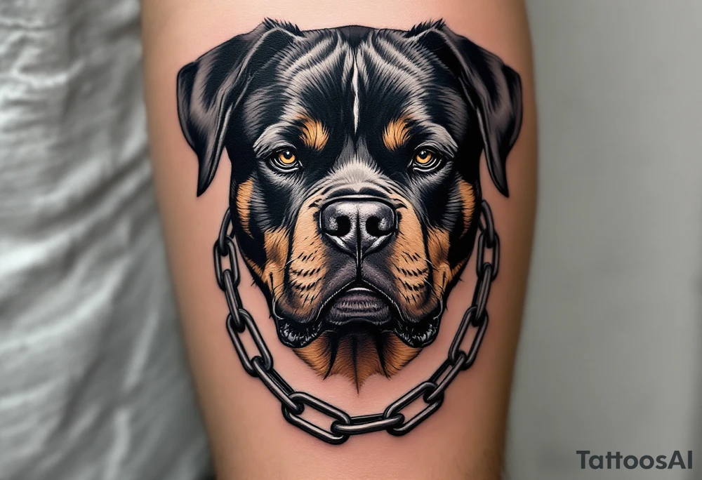 Rottweiler with Chains – A fierce-looking Rottweiler with a broken chain collar, symbolizing power and freedom. Black and grey with metallic silver chain detail. tattoo idea