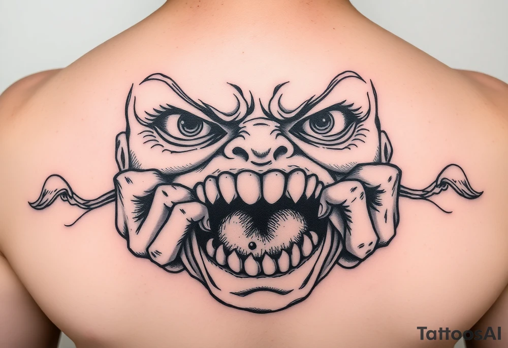 powerful faces with huge eyes and mouth with hands fighting to get out of the mouth tattoo idea