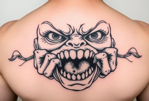 powerful faces with huge eyes and mouth with hands fighting to get out of the mouth tattoo idea