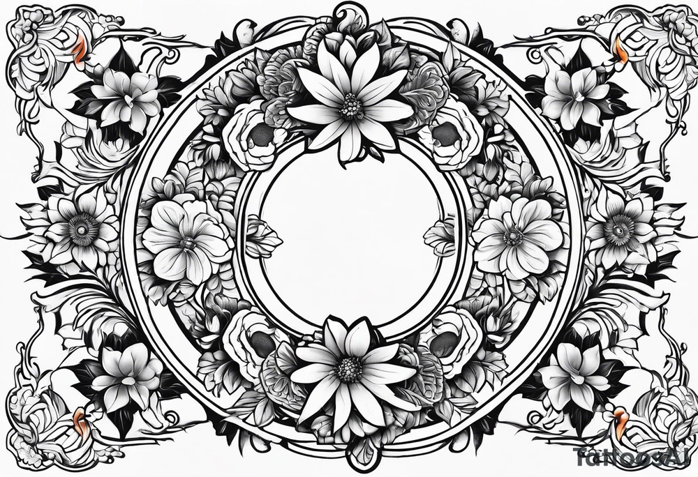 Round boarder with empty space in the inside surrounded by flowers tattoo idea