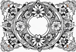 Round boarder with empty space in the inside surrounded by flowers tattoo idea