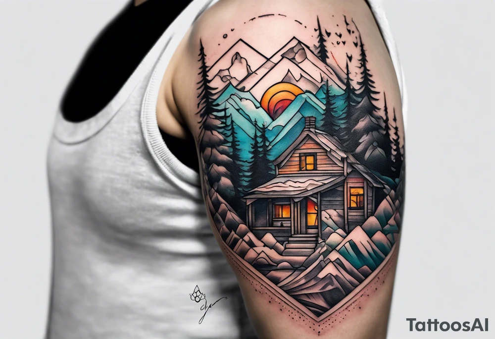 Full sleeve tattoo that symbolizes Family Love, memories of deceased family, mental health, adventure in mountains tattoo idea