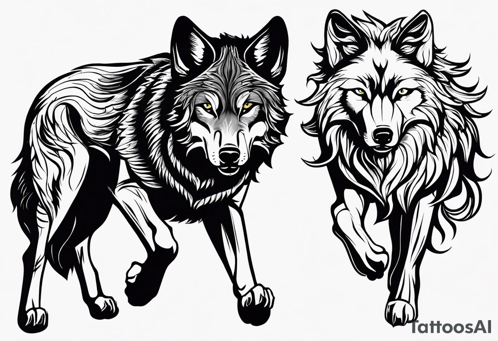 Two wolves. One bad wolf and one Good wolf. Make bad wolf very mean. Make good wolf very serene and happy. tattoo idea