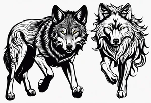 Two wolves. One bad wolf and one Good wolf. Make bad wolf very mean. Make good wolf very serene and happy. tattoo idea
