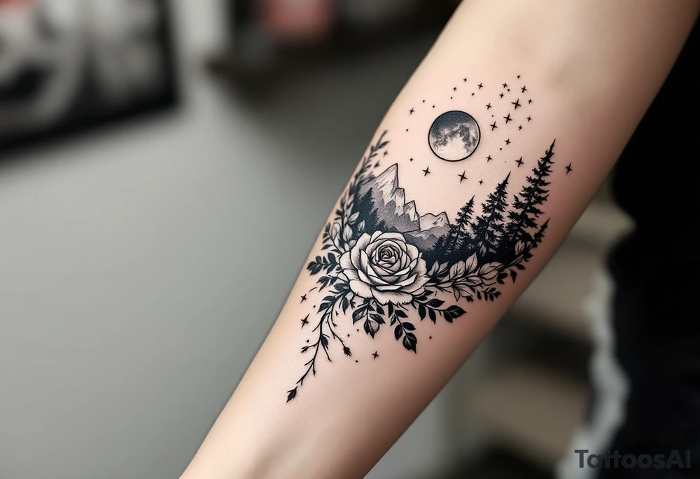 Rose vine with wolf, moon and stars mountains wrap around tattoo idea