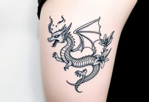 a fire-breathing dragon with some lilys on the sides tattoo idea
